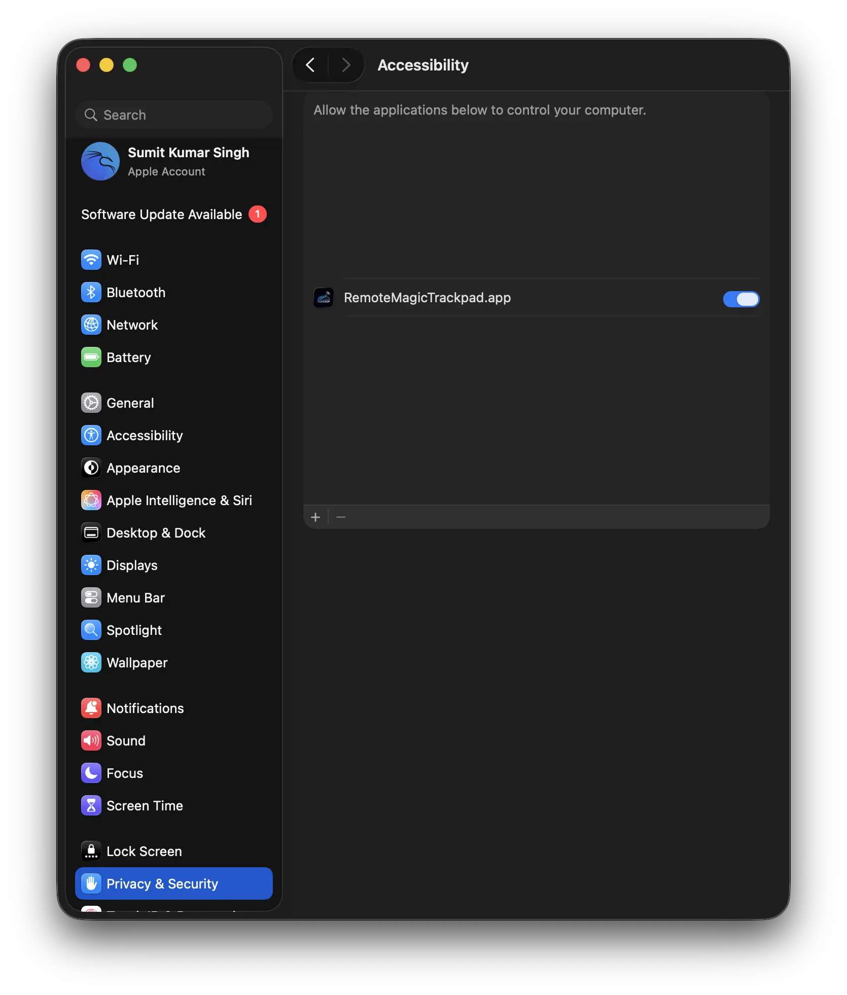 Allow Accessibility access for Remote Magic Trackpad