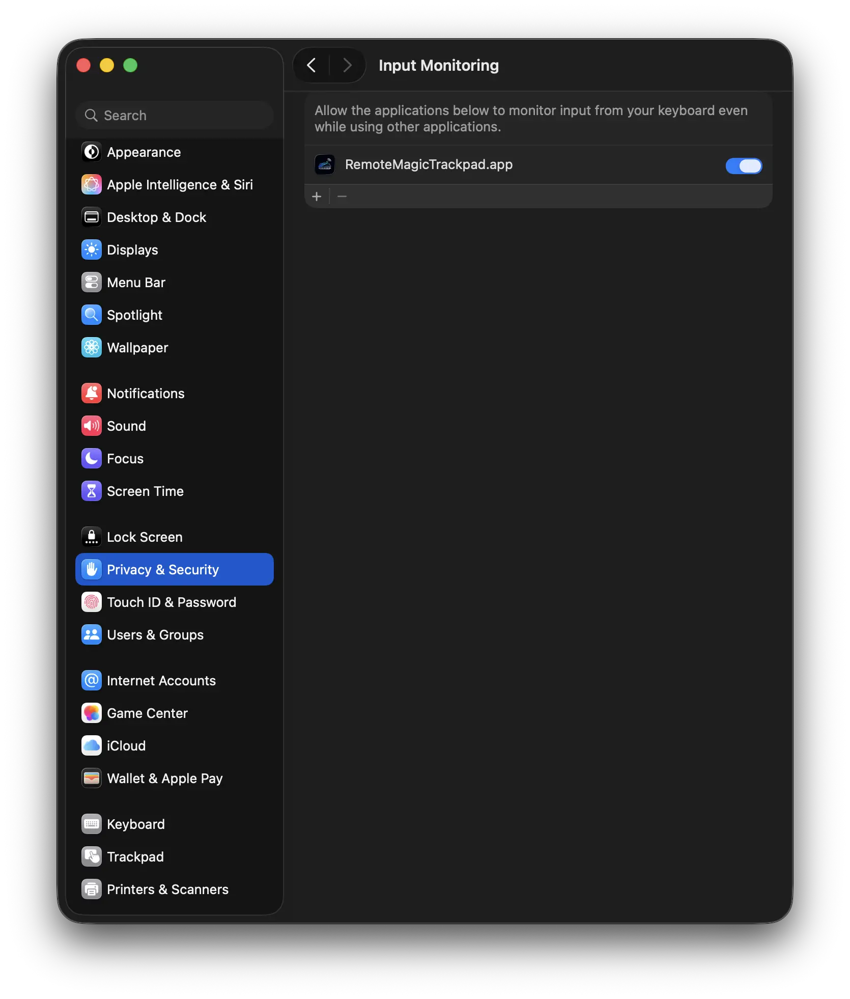 Allow Input Monitoring for Remote Magic Trackpad